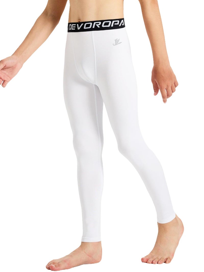 DEVOROPA Boys Leggings Quick Dry Youth Compression Pants Sports Tights Basketball Base Layer White M - Image 2
